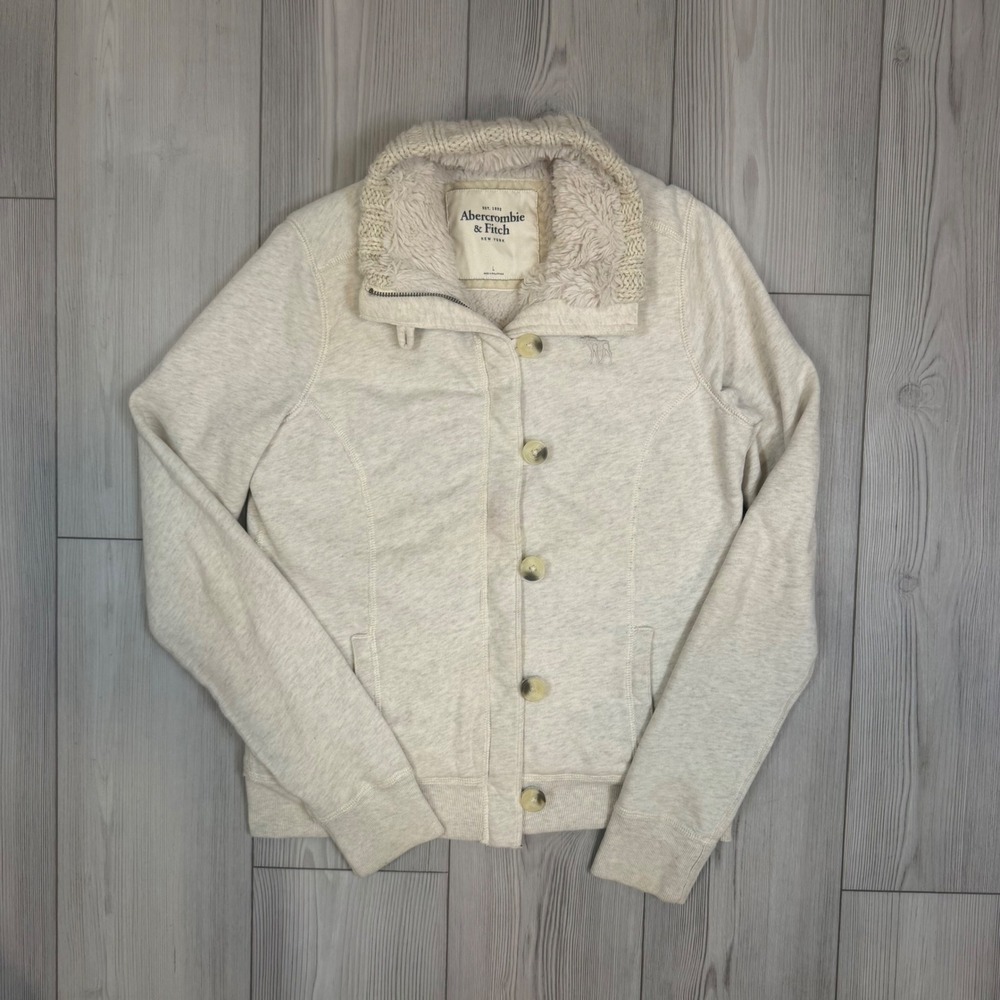 Abercrombie & Fitch Y2K‎ Cream Faux Fur Knit Collar Button Sweatshirt Jacket LRG